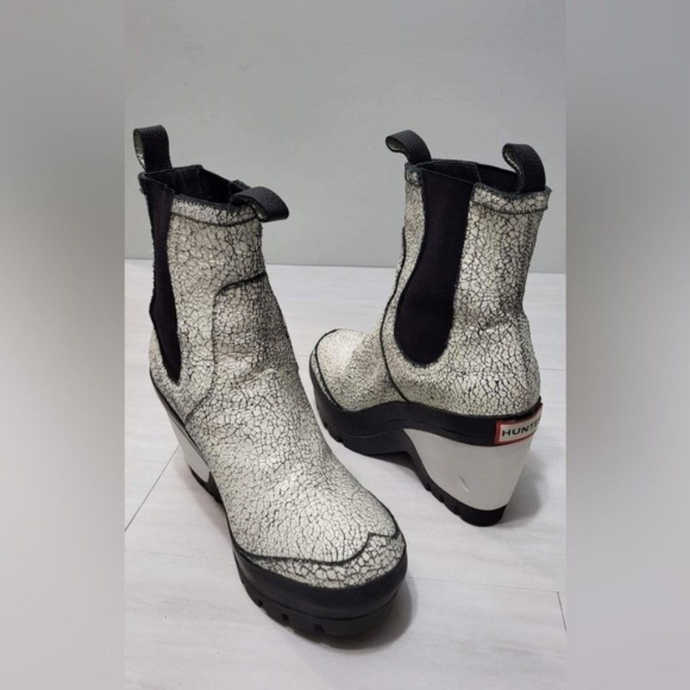 Hunter White Crackle Platform Wedge Chelsea Boots